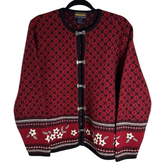 Woolrich Thick Knit Wool Ruby Cardigan Fair Isle Size Large Silver Clasp - Picture 1 of 7